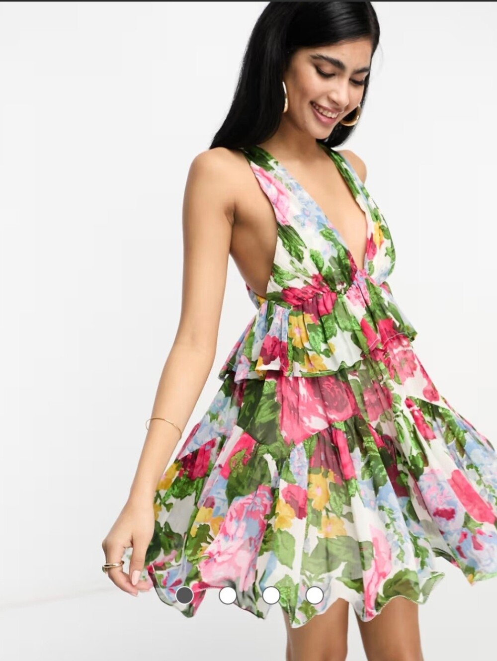 ASOS DESIGN plunge pleated tiered mini dress in white based floral print size 4